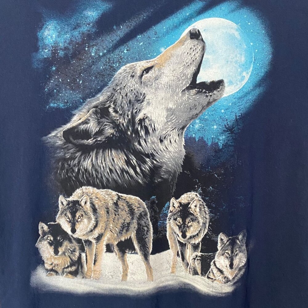 Y2K Wolf Pack Full Moon T-Shirt Men's XL Blue Graphic Short-Sleeve Nature Tee - Picture 7 of 10